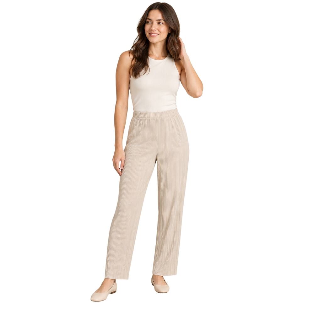 Uniqlo Pleated Straight Crepe Pants, Beige Taupe Elastic Waist, Women's Medium